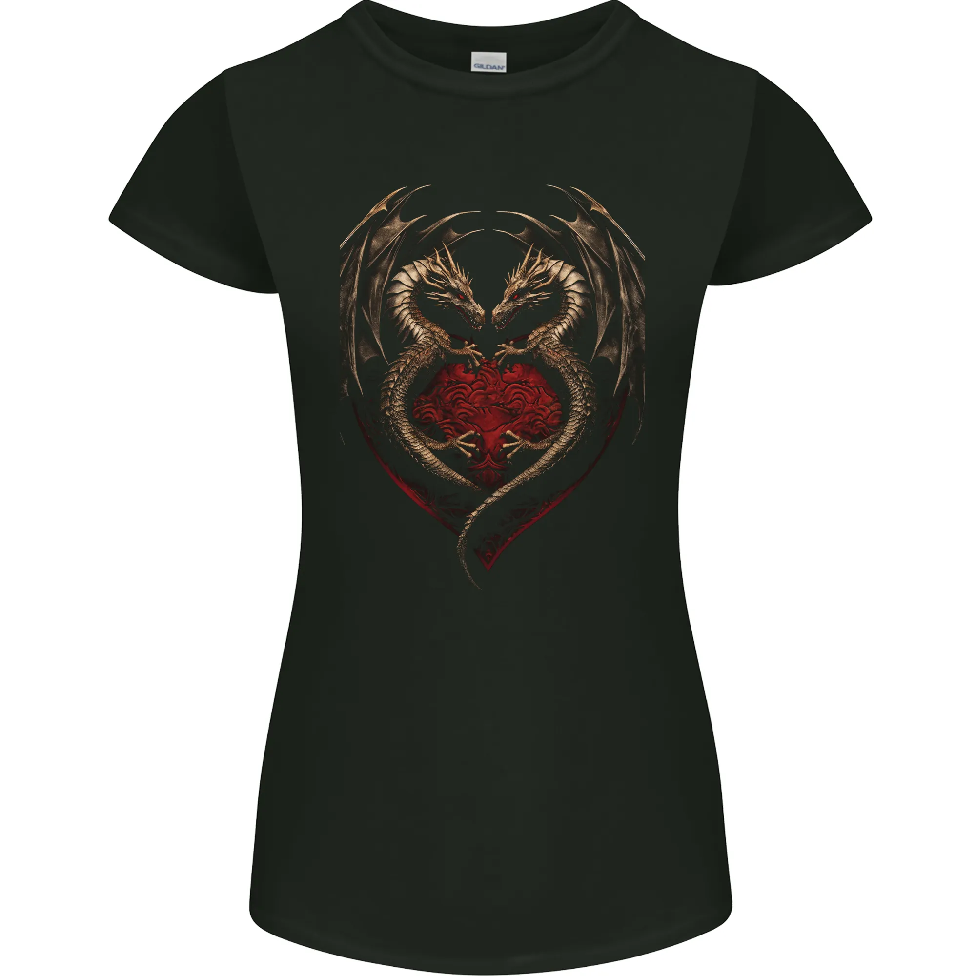 2 Fantasy Dragons in a Heart Shape Gothic Goth Womens Petite Cut T-Shirt