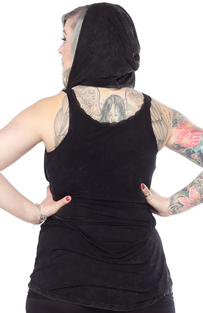 ACID WASH HOODED HALTER TANK TOP