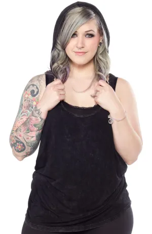 ACID WASH HOODED HALTER TANK TOP