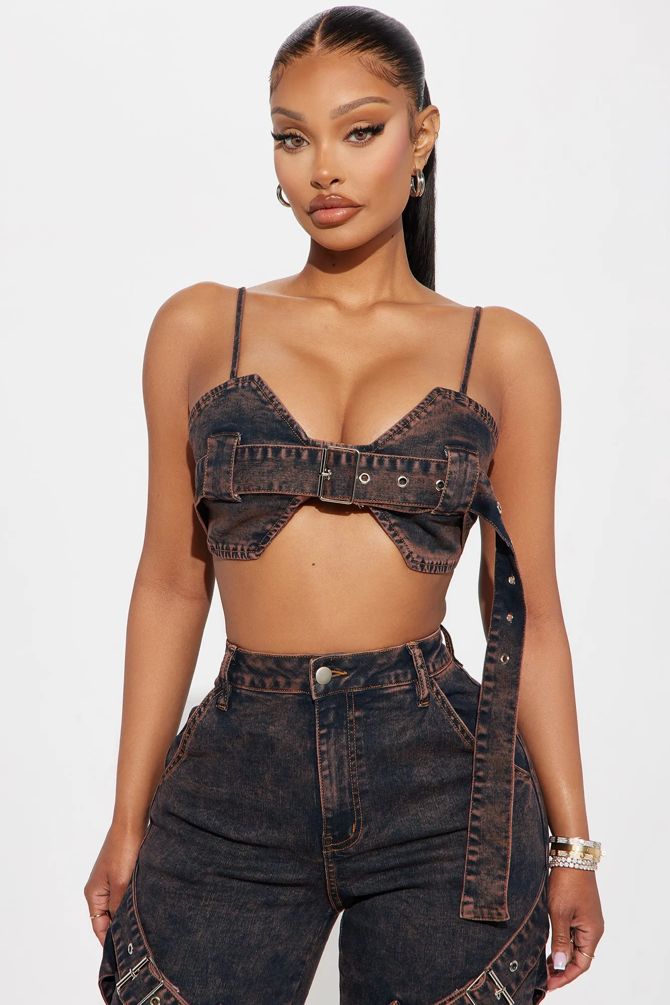 Always Out Acid Wash Belted Denim Top - Rust