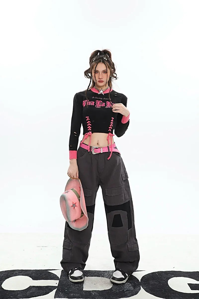 Amber Patchwork Baggy Loose Straight Leg Denim Jeans Pants