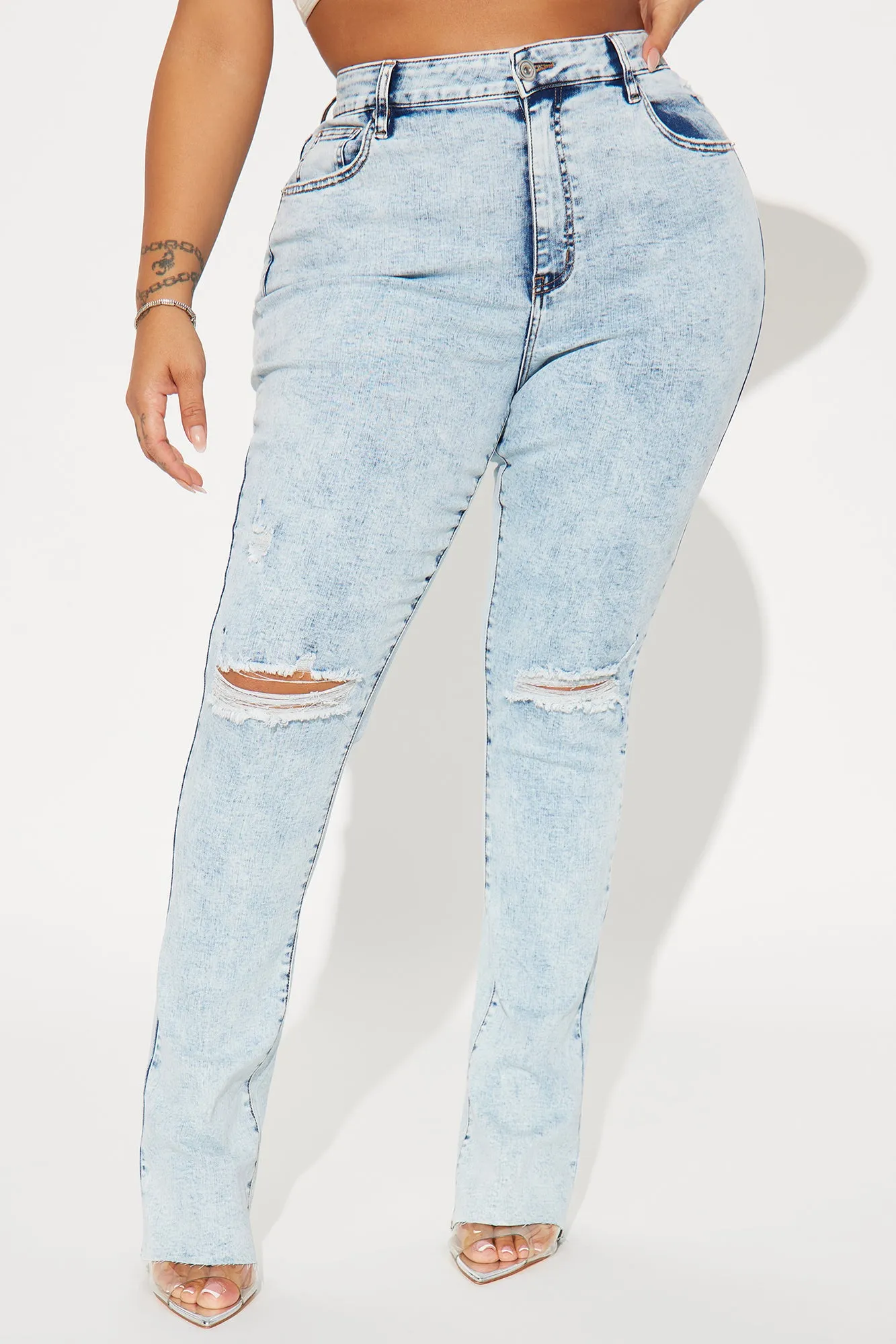 Best Stretch Ripped High Rise Bootcut Jeans - Acid Wash Denim