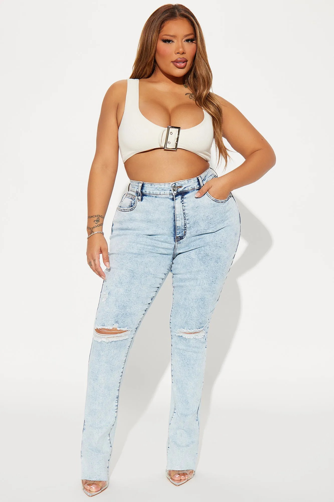Best Stretch Ripped High Rise Bootcut Jeans - Acid Wash Denim