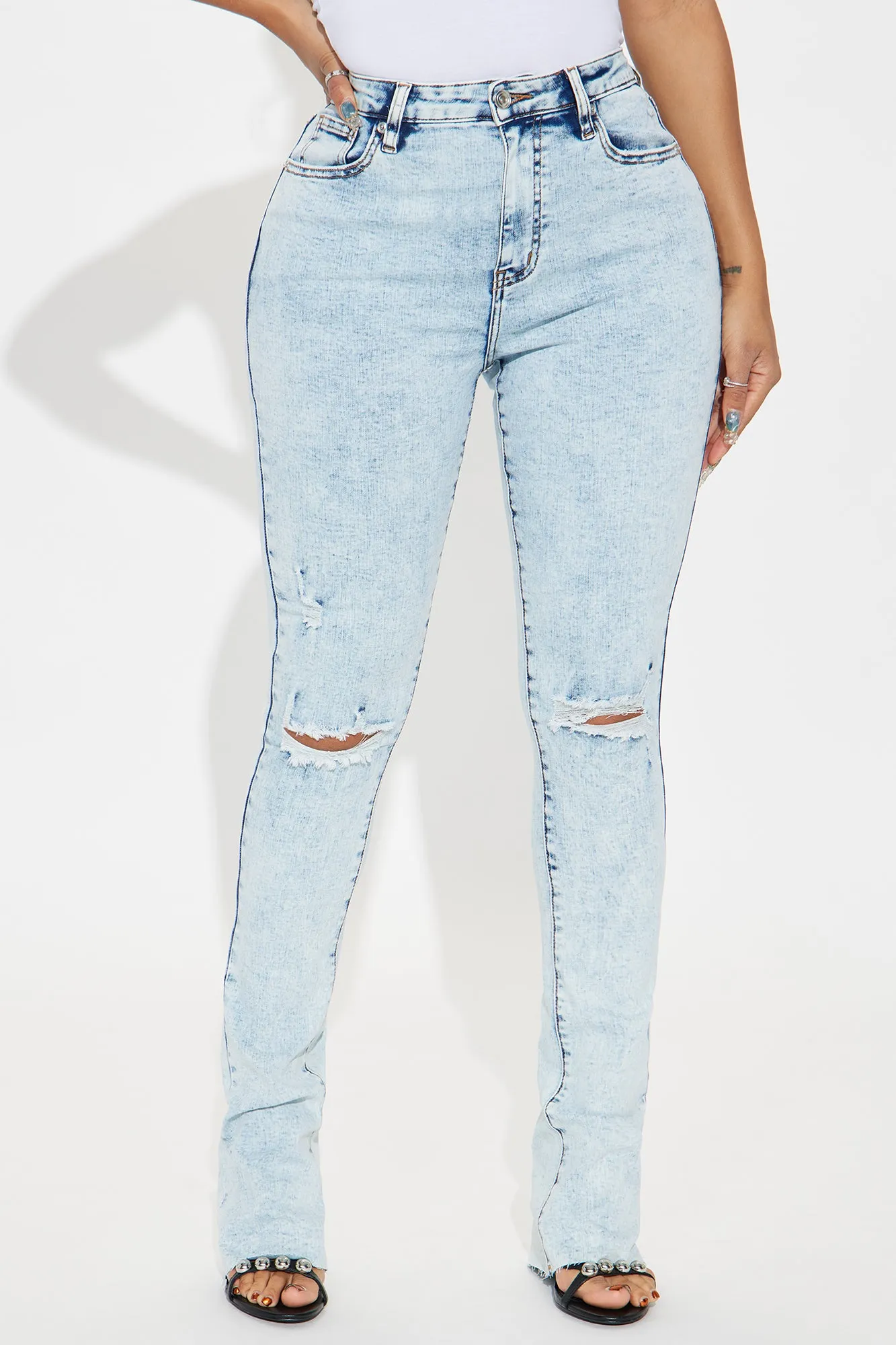 Best Stretch Ripped High Rise Bootcut Jeans - Acid Wash Denim