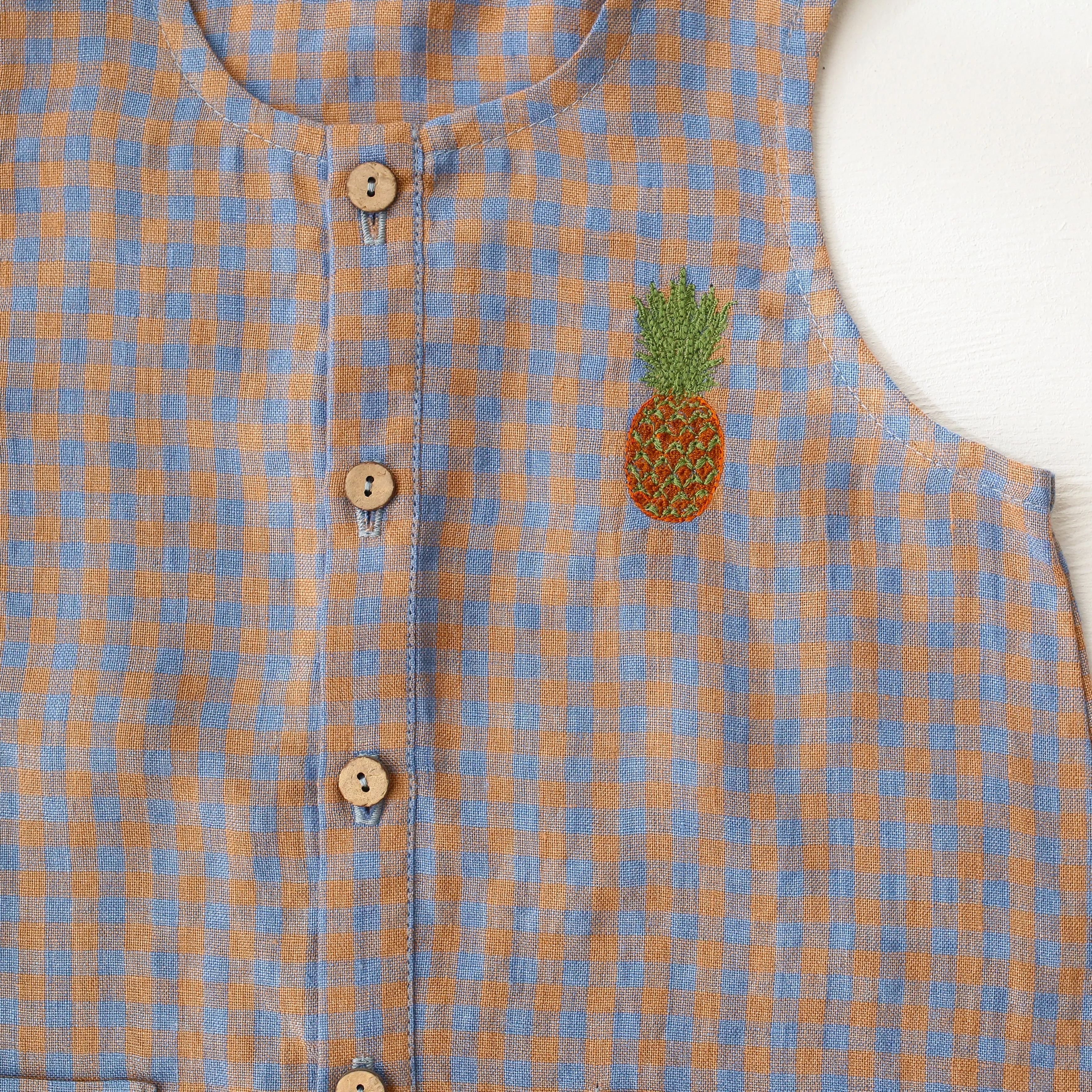 Blue & Peach Gingham Linen Short Legs Tank Jumpsuit with Pineapple Embroidery