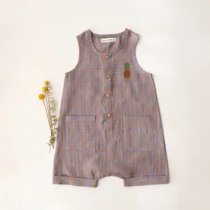 Blue & Peach Gingham Linen Short Legs Tank Jumpsuit with Pineapple Embroidery