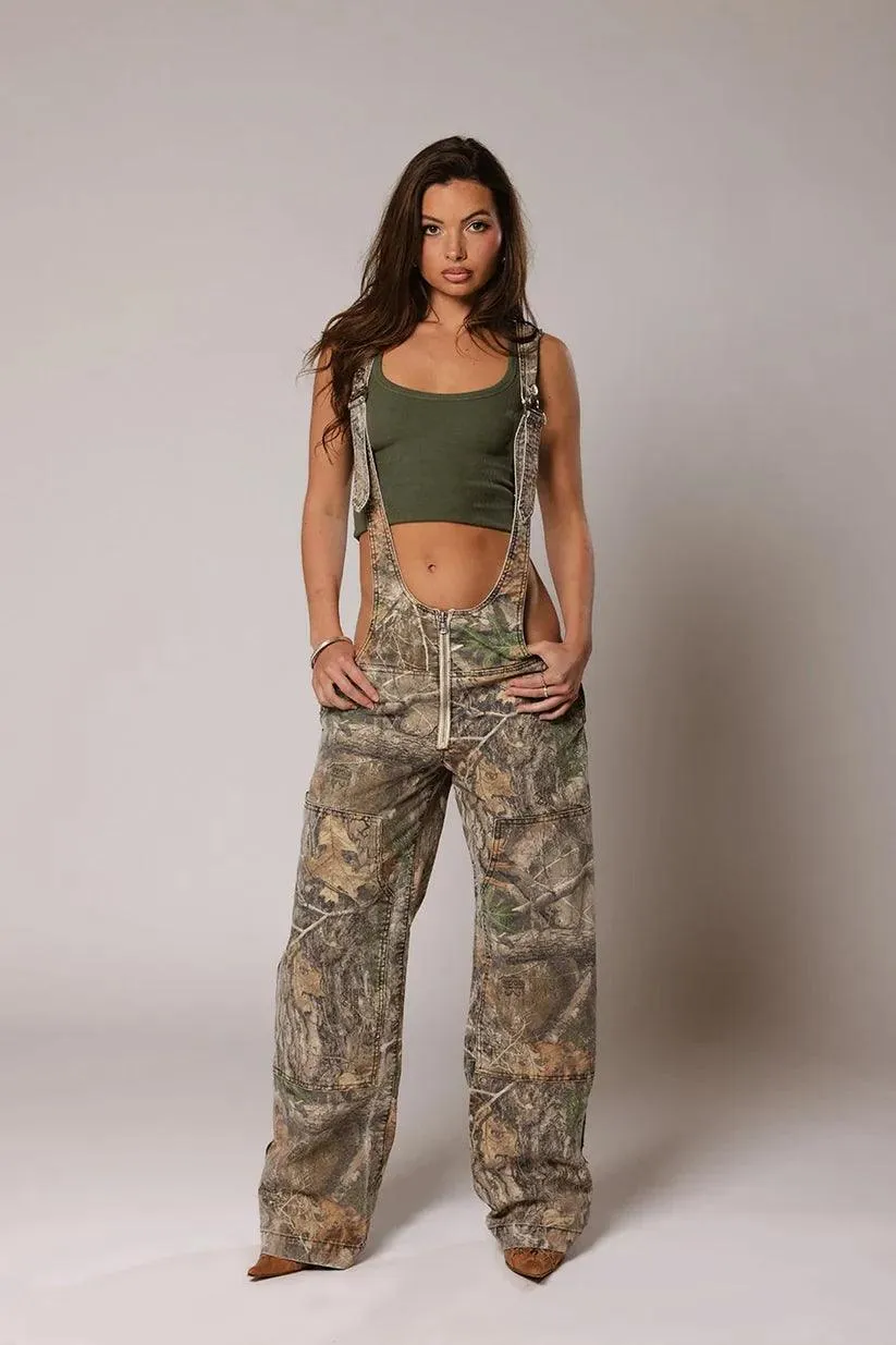 Camouflage Plunge Denim Overalls - Stylish & Durable Outdoor Wear