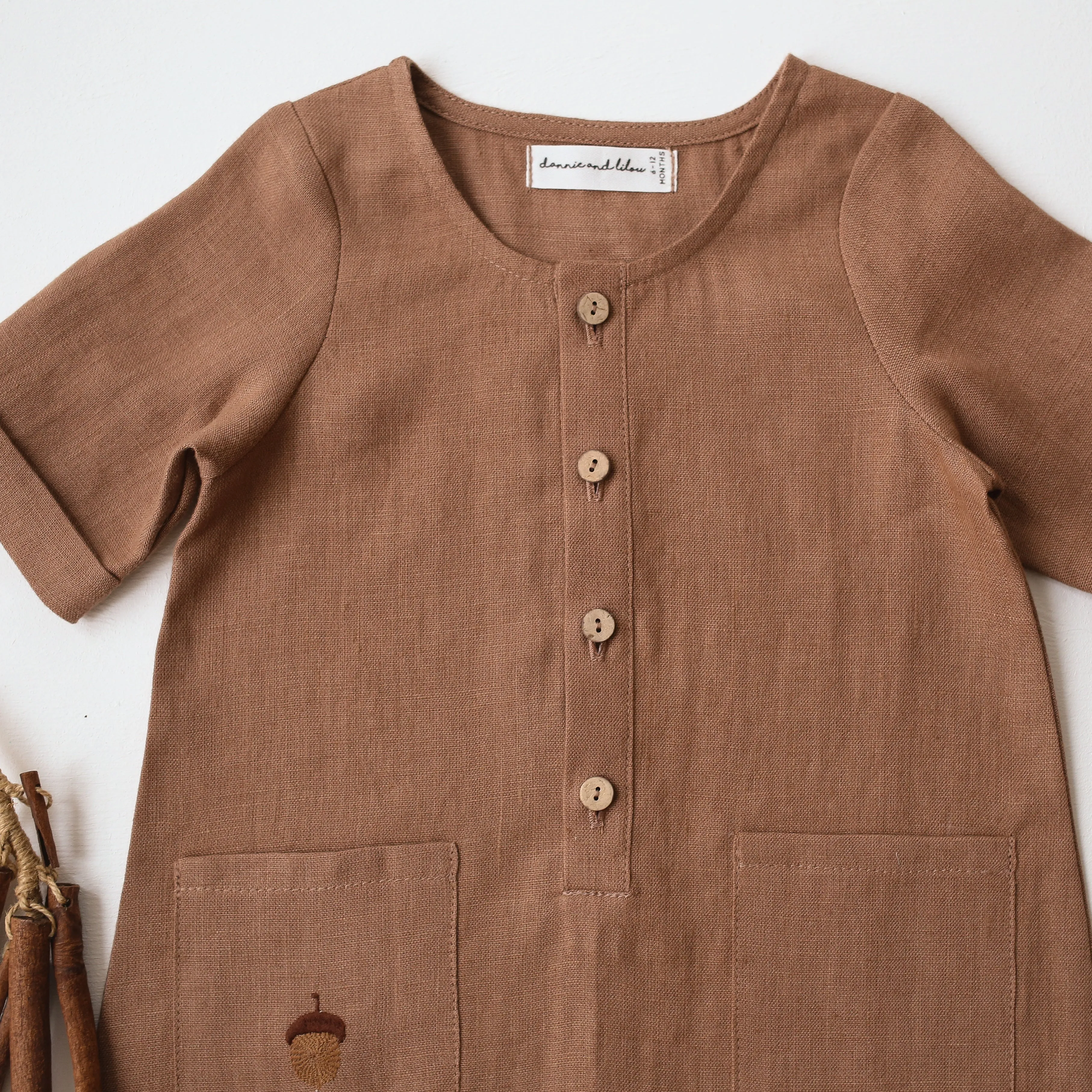Cocoa Brown Linen Short Jumpsuit | Acorn Embroidery