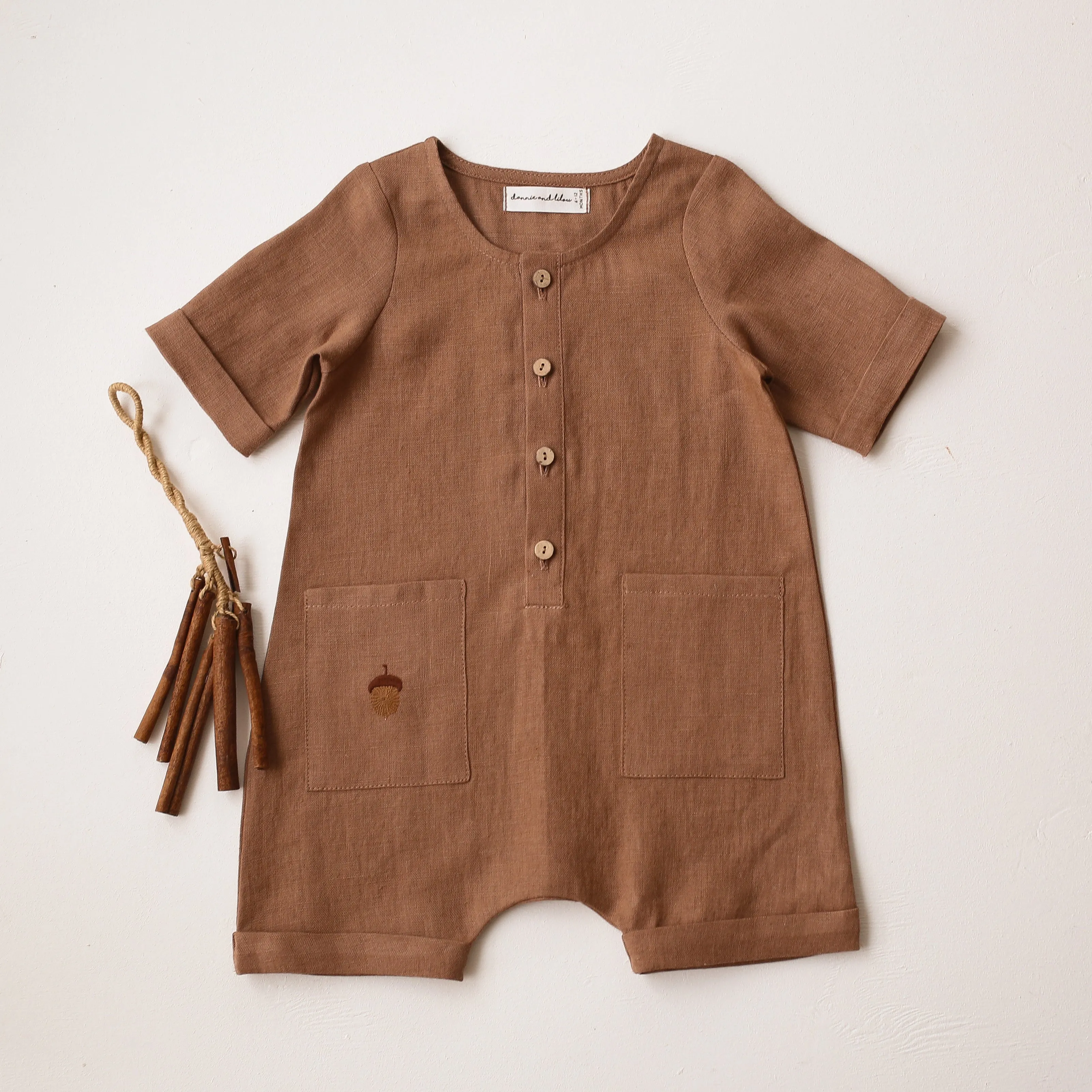 Cocoa Brown Linen Short Jumpsuit | Acorn Embroidery