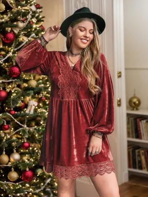 Cutie Plus Size Lace Detail Velvet V-Neck Long Sleeve Mini Dress Fall Colors