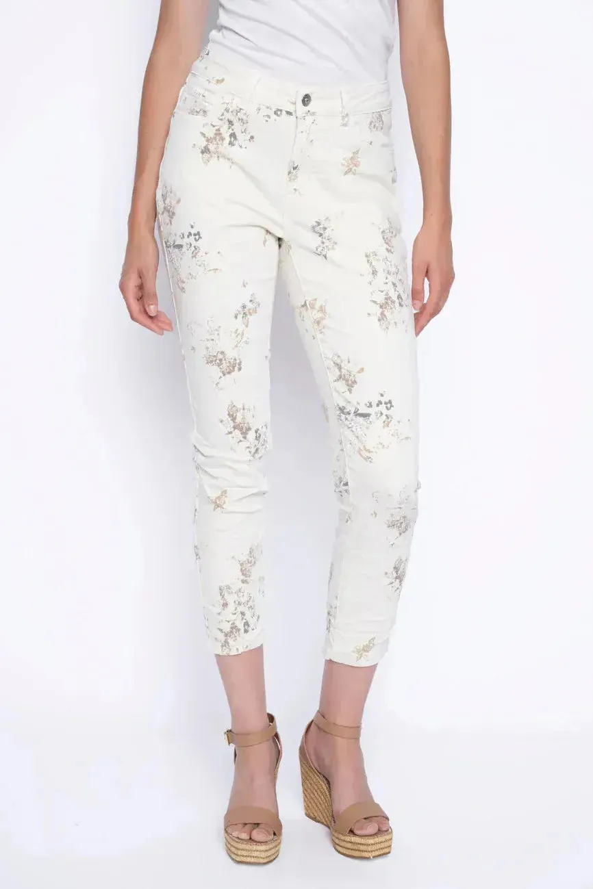 Floral Printed Denim Ankle Length Jeans in Beige Multi by Picadilly Canada
