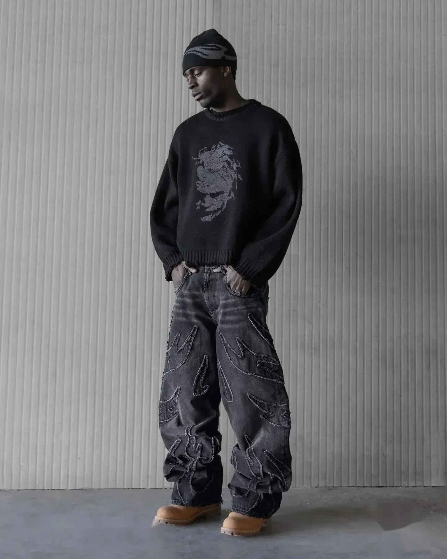Flytonn-Raw Edge Embroidery Jeans Pattern Patchwork Vintage Y2k Retro Black Baggy Jeans for Men Hip Hop Punk High Waisted Denim Pants