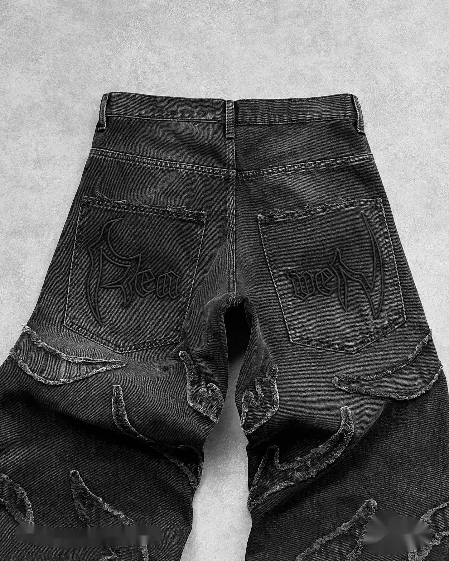 Flytonn-Raw Edge Embroidery Jeans Pattern Patchwork Vintage Y2k Retro Black Baggy Jeans for Men Hip Hop Punk High Waisted Denim Pants