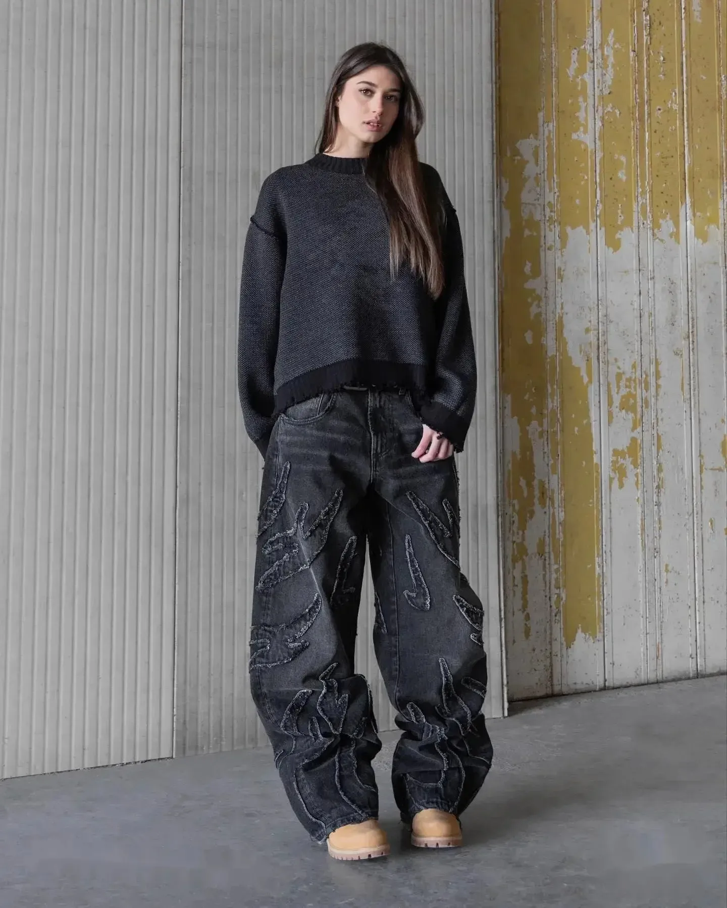 Flytonn-Raw Edge Embroidery Jeans Pattern Patchwork Vintage Y2k Retro Black Baggy Jeans for Men Hip Hop Punk High Waisted Denim Pants
