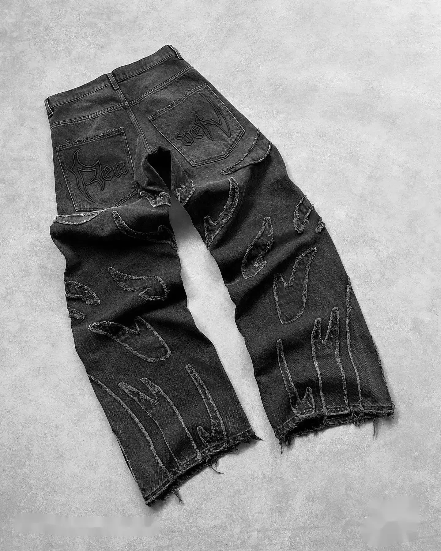 Flytonn-Raw Edge Embroidery Jeans Pattern Patchwork Vintage Y2k Retro Black Baggy Jeans for Men Hip Hop Punk High Waisted Denim Pants