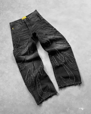 Flytonn-Raw Edge Embroidery Jeans Pattern Patchwork Vintage Y2k Retro Black Baggy Jeans for Men Hip Hop Punk High Waisted Denim Pants