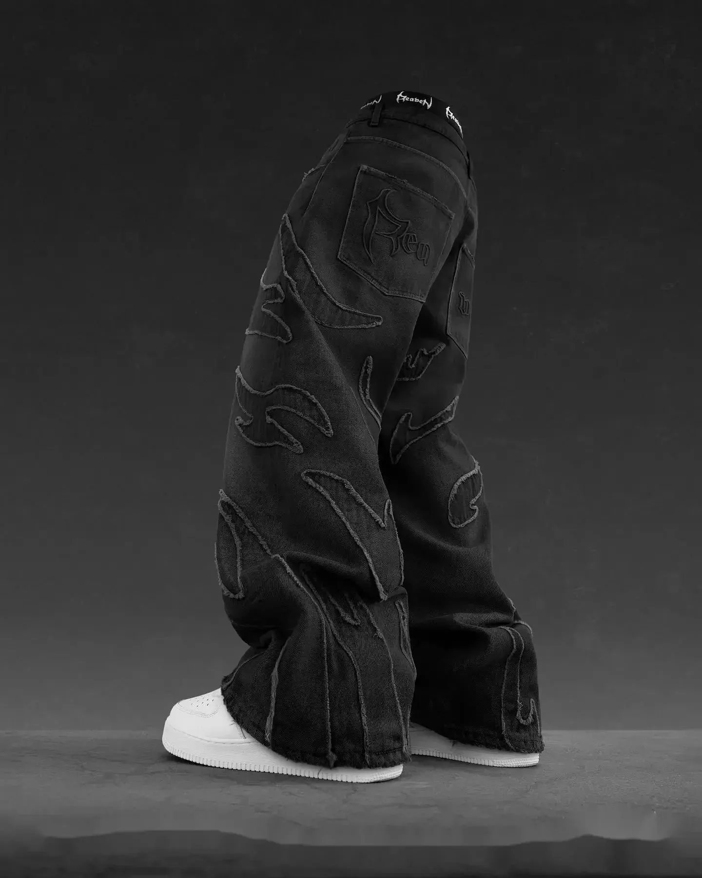 Flytonn-Raw Edge Embroidery Jeans Pattern Patchwork Vintage Y2k Retro Black Baggy Jeans for Men Hip Hop Punk High Waisted Denim Pants