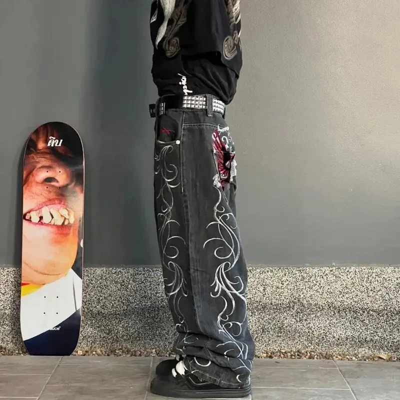 Flytonn- Streetwear y2k 90s Fashion Gothic punk dark personality graphic print design casual jeans for women 2024 new hip-hop trend retro versatile streetwear baggy