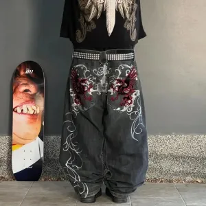 Flytonn- Streetwear y2k 90s Fashion Gothic punk dark personality graphic print design casual jeans for women 2024 new hip-hop trend retro versatile streetwear baggy