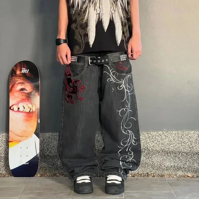 Flytonn- Streetwear y2k 90s Fashion Gothic punk dark personality graphic print design casual jeans for women 2024 new hip-hop trend retro versatile streetwear baggy