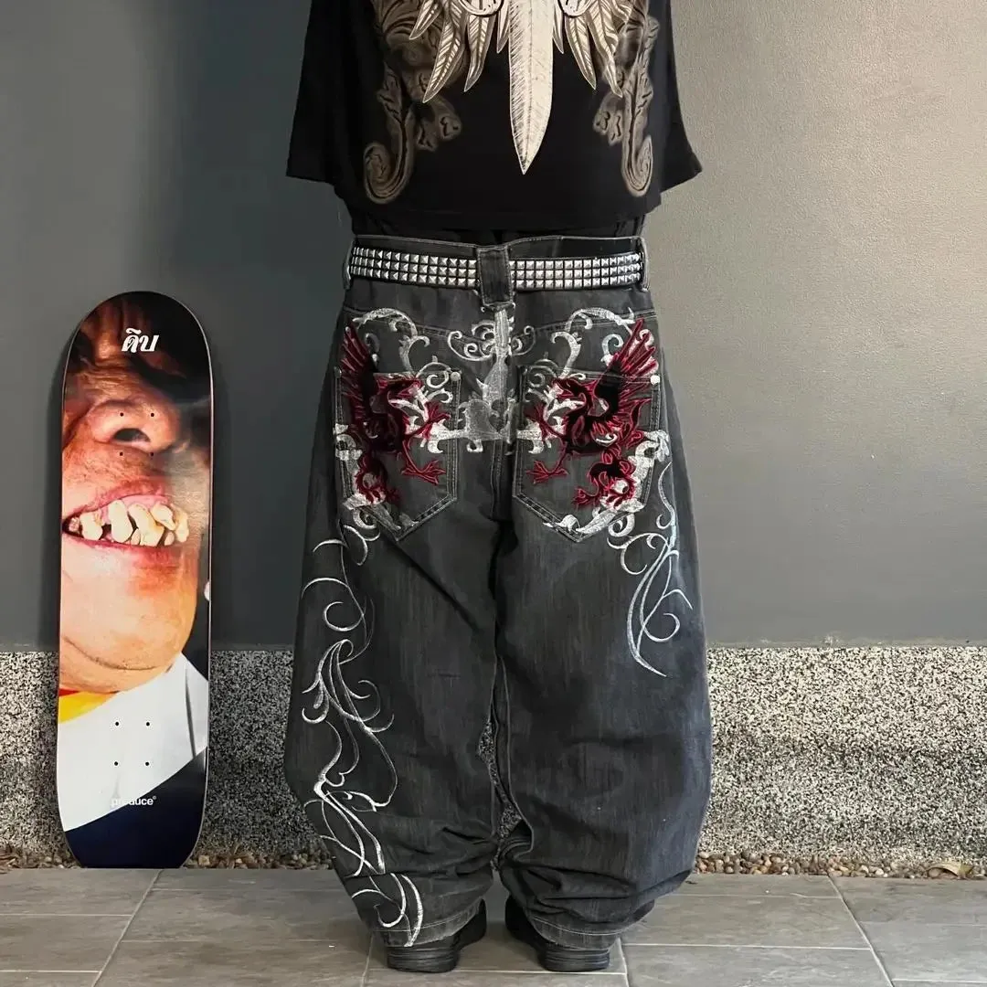 Flytonn- Streetwear y2k 90s Fashion Gothic punk dark personality graphic print design casual jeans for women 2024 new hip-hop trend retro versatile streetwear baggy