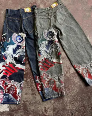 Flytonn- Streetwear y2k 90s Fashion -Y2k Jeans Harajuku Punk Oversized Graphic Embroidery Baggy Jeans Men and Women Wide Leg Jeans Hip Hop Casual Retro Streetwear