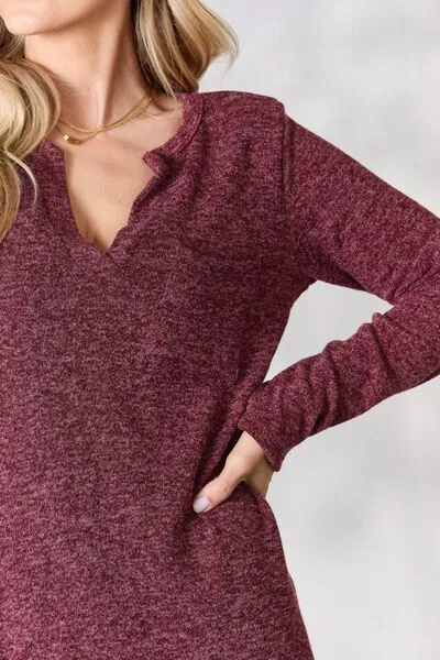 Full Size Notched Long Sleeve Top