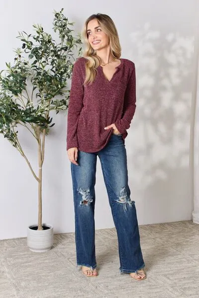 Full Size Notched Long Sleeve Top