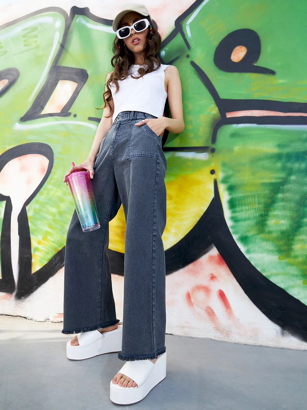 Girls Black Acid Wash Paper Bag Straight Jeans