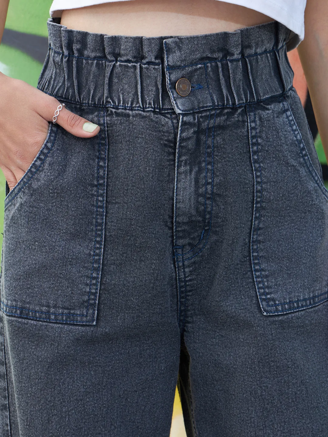 Girls Black Acid Wash Paper Bag Straight Jeans