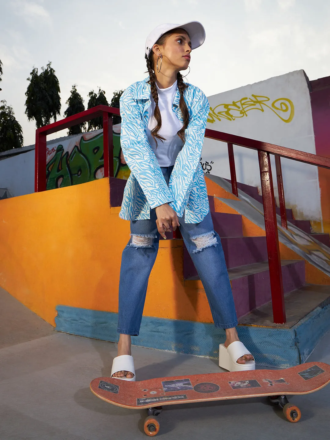 Girls Blue Acid Wash Carrot Fit Ripped Jeans