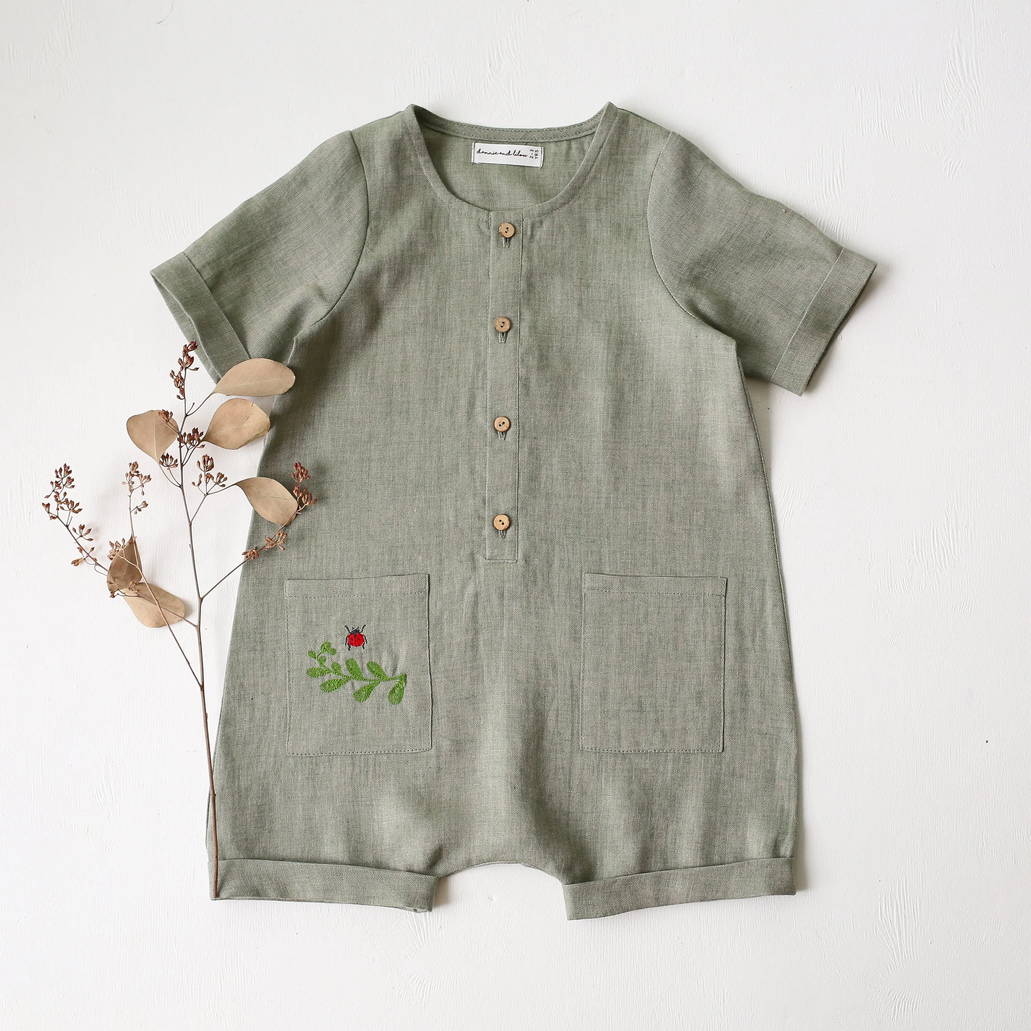 Green Smoke Linen Short Jumpsuit | Ladybug Embroidery