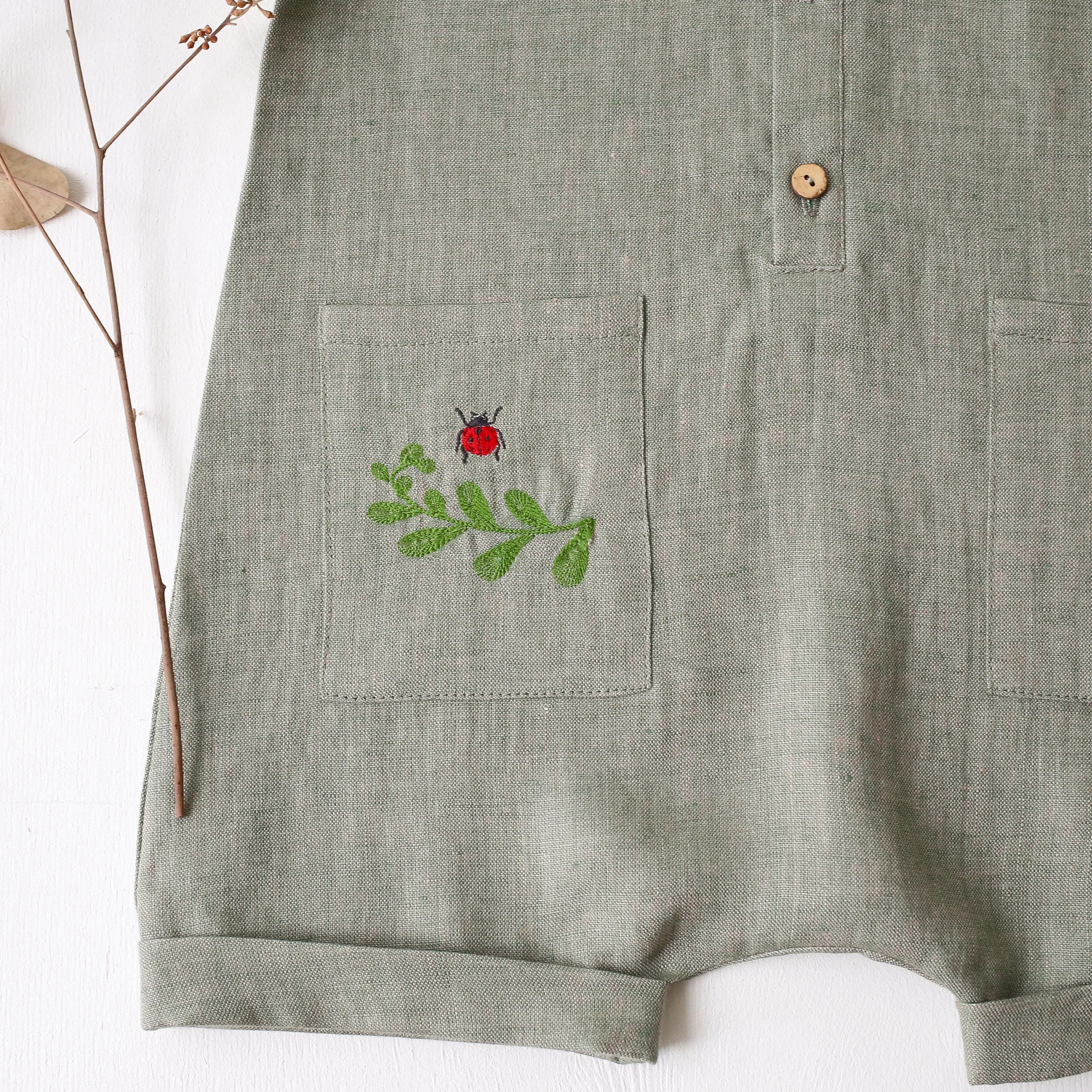 Green Smoke Linen Short Jumpsuit | Ladybug Embroidery