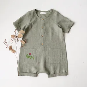 Green Smoke Linen Short Jumpsuit | Ladybug Embroidery