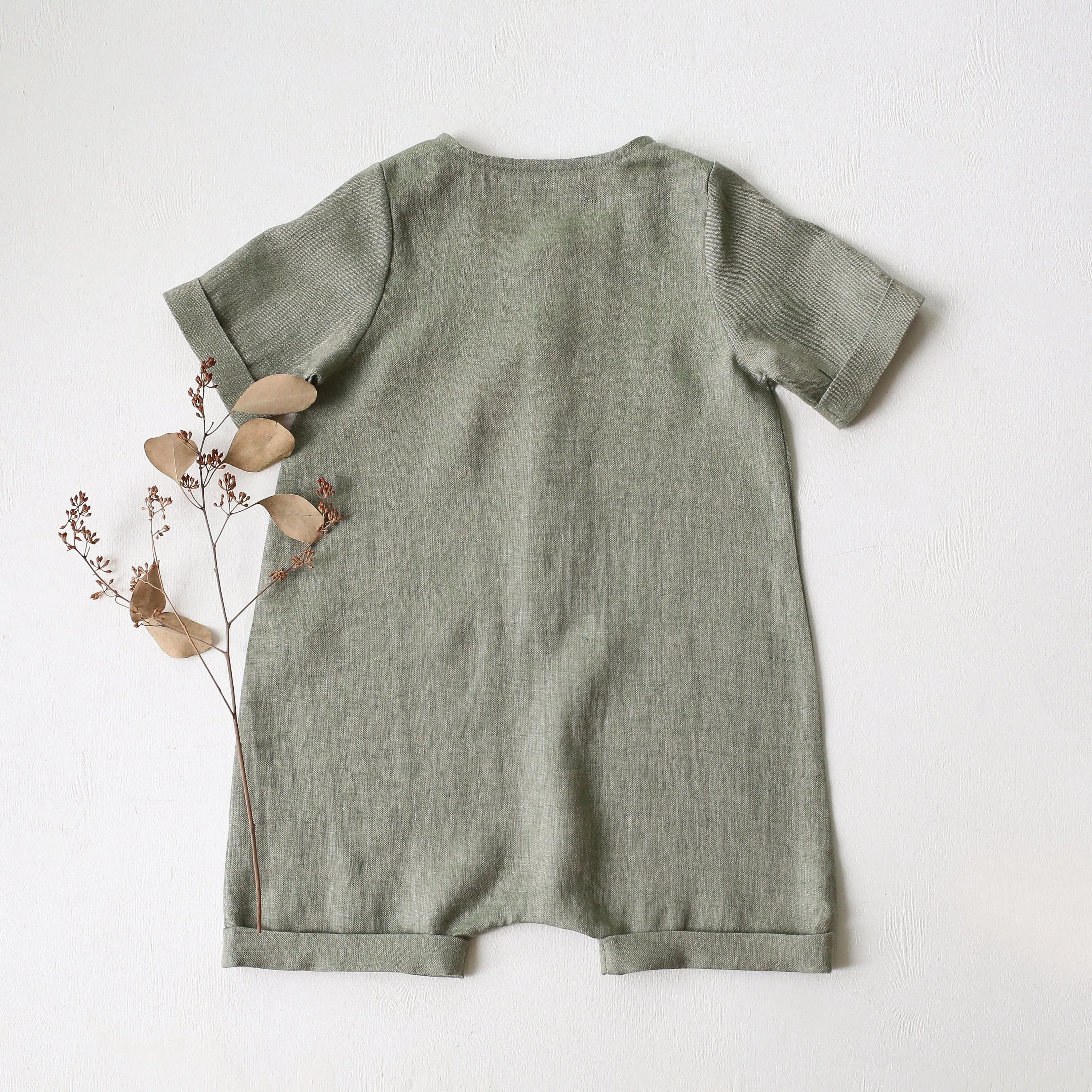 Green Smoke Linen Short Jumpsuit | Ladybug Embroidery