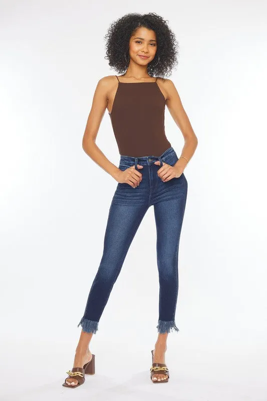 High Rise Fray Hem Skinny Jeans