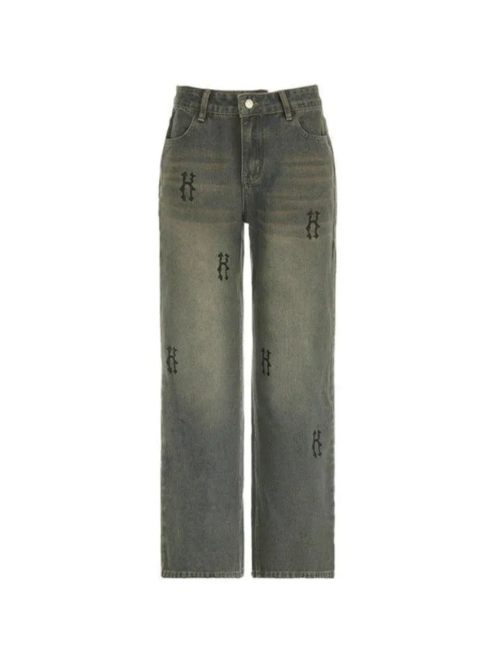 Hip Pop Low Waist Letter Print Boyfriend Jeans
