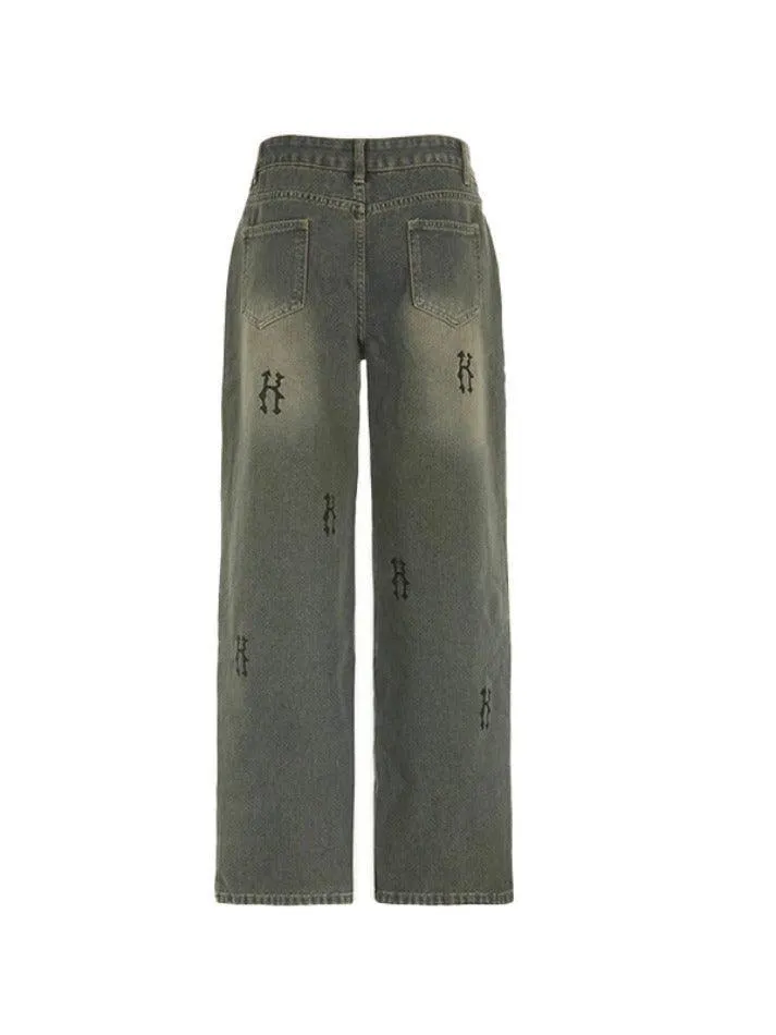 Hip Pop Low Waist Letter Print Boyfriend Jeans