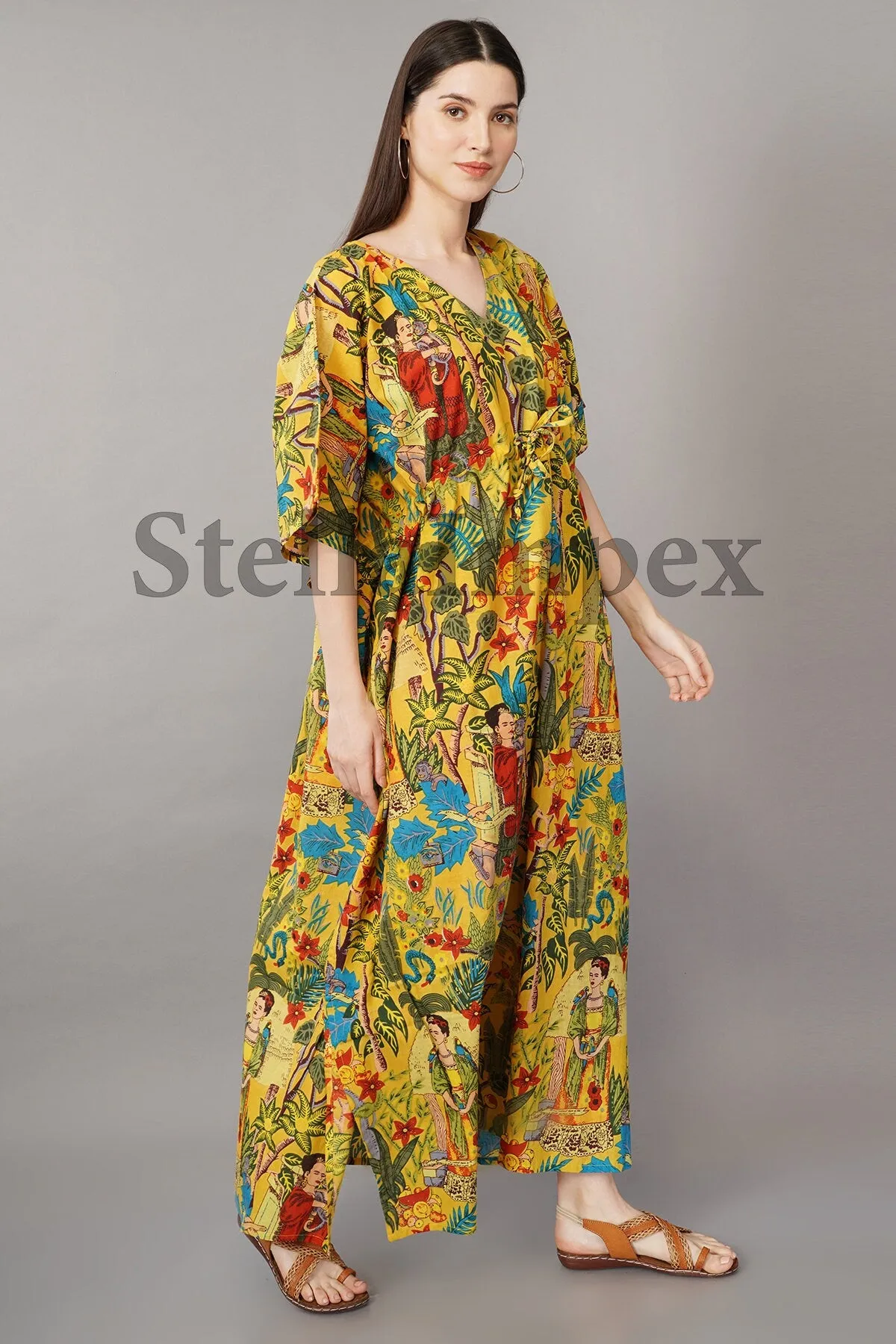 Indian Handmade Cotton Kaftan Elegant Yellow Frida Kahlo Print Long Caftan Resort Wear Beach Dress Boho Kaftan, Gift for Her
