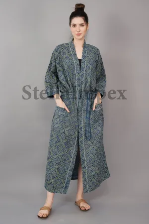 Indian Handmade Cotton Kimono Elegant Blue & Green Bathrobe Resort Wear Beach Bikini Cover-ups Boho Kimono Bathrobe, Gift for Her