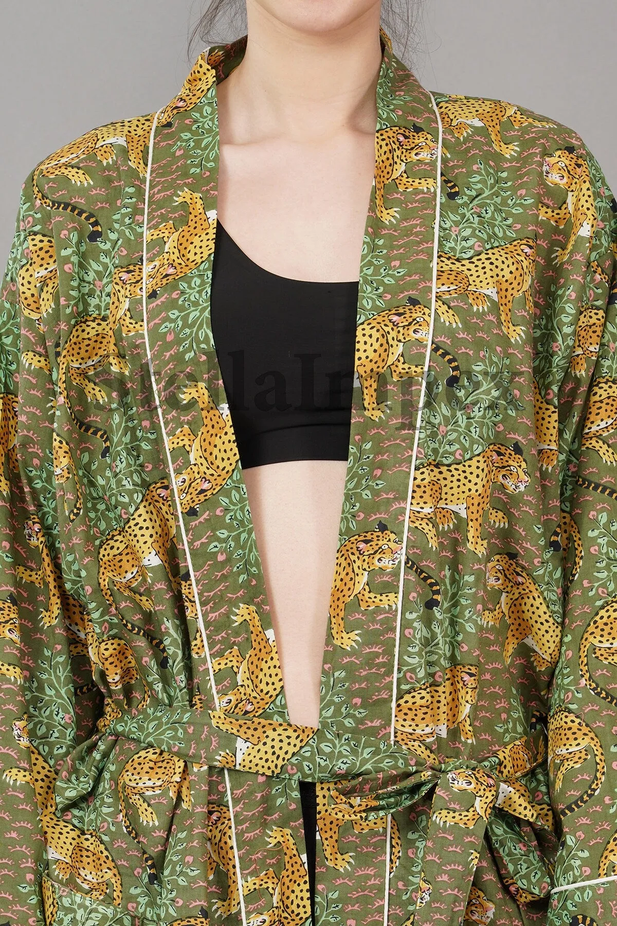 Indian Handmade Cotton Kimono Elegant Green Leopard Print Bathrobe Resort Wear Beach Bikini Cover-ups Boho Kimono Bathrobe, Gift for Her