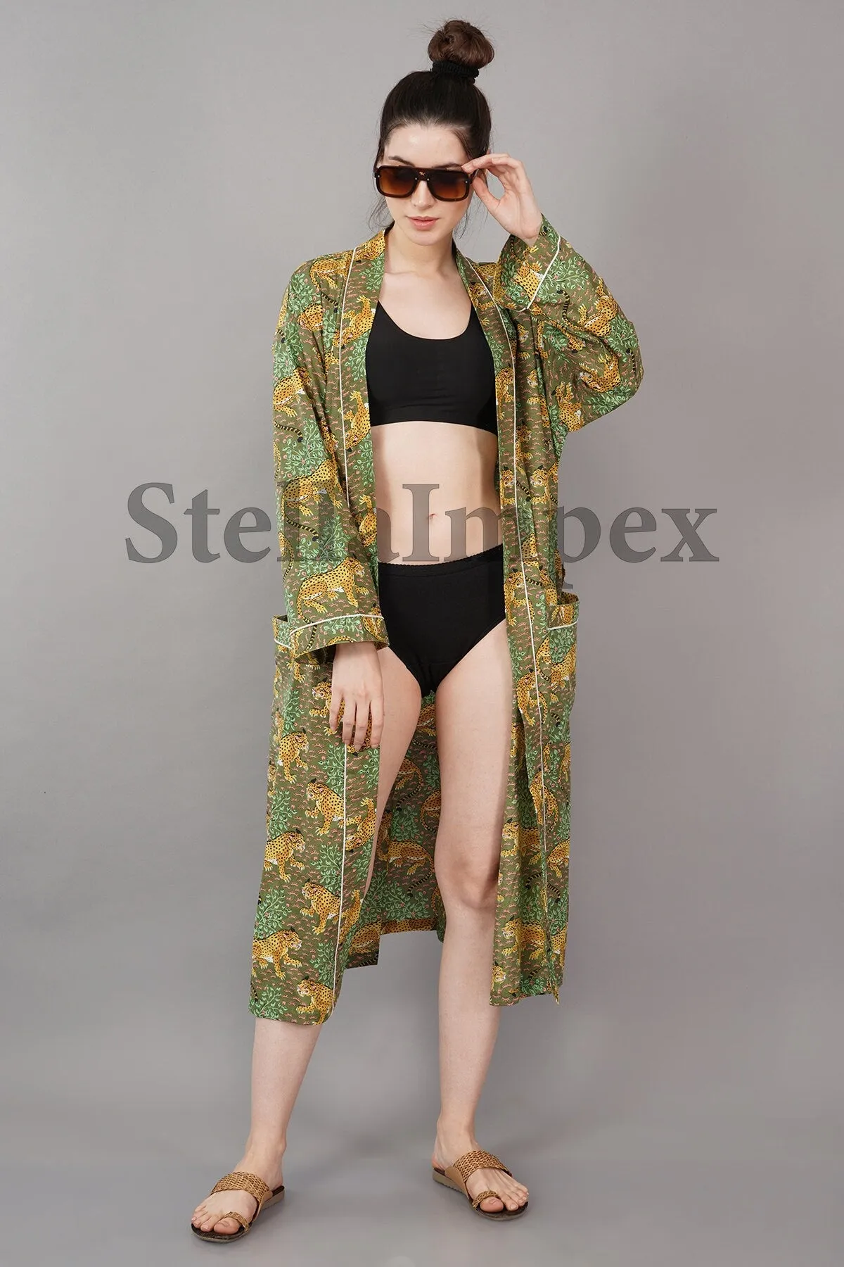 Indian Handmade Cotton Kimono Elegant Green Leopard Print Bathrobe Resort Wear Beach Bikini Cover-ups Boho Kimono Bathrobe, Gift for Her