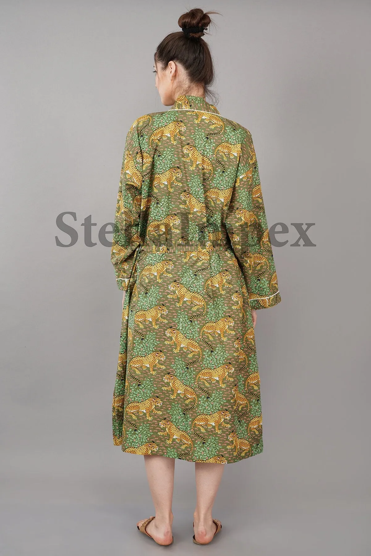 Indian Handmade Cotton Kimono Elegant Green Leopard Print Bathrobe Resort Wear Beach Bikini Cover-ups Boho Kimono Bathrobe, Gift for Her