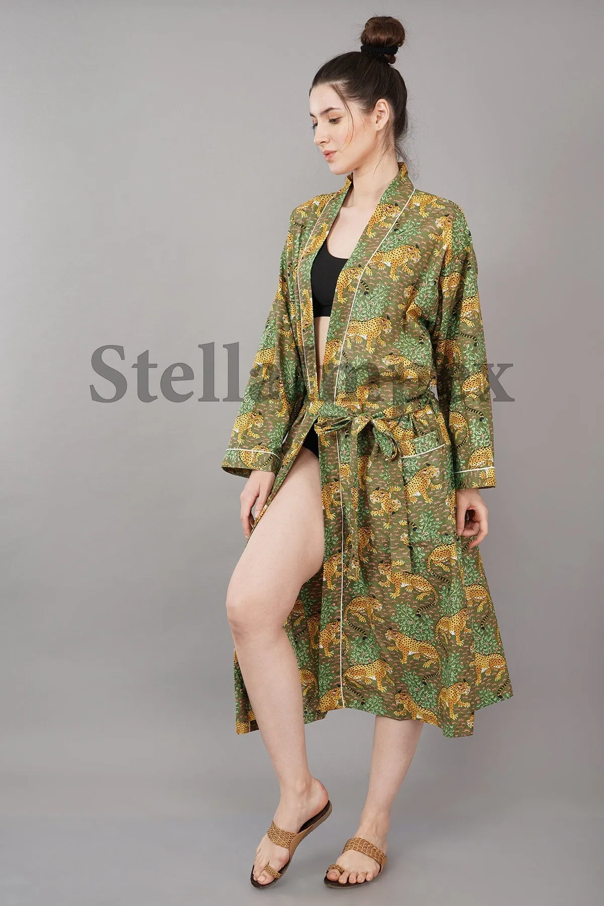 Indian Handmade Cotton Kimono Elegant Green Leopard Print Bathrobe Resort Wear Beach Bikini Cover-ups Boho Kimono Bathrobe, Gift for Her