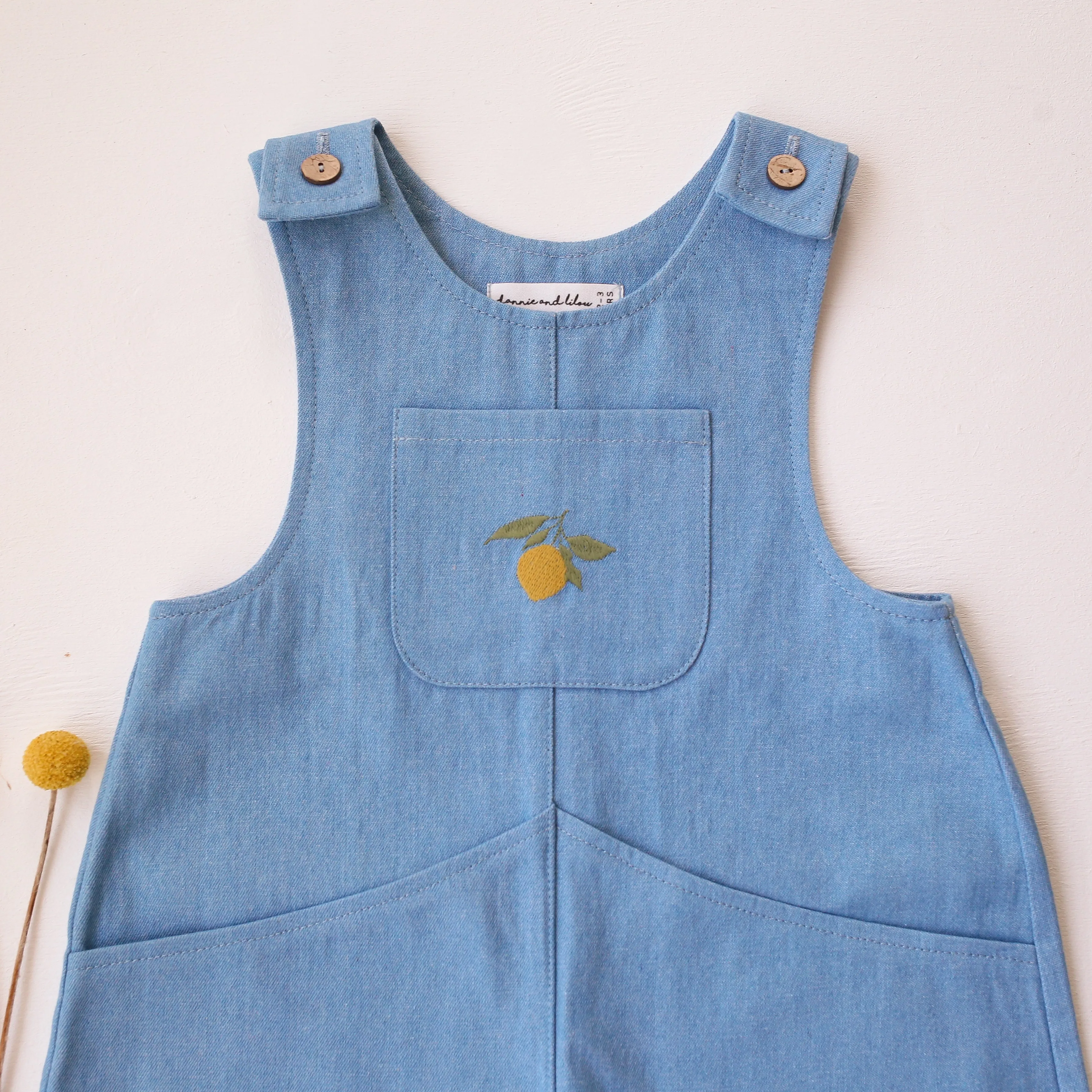 Light Blue Denim Oversized Look Overalls with "Lemon" Embroidery