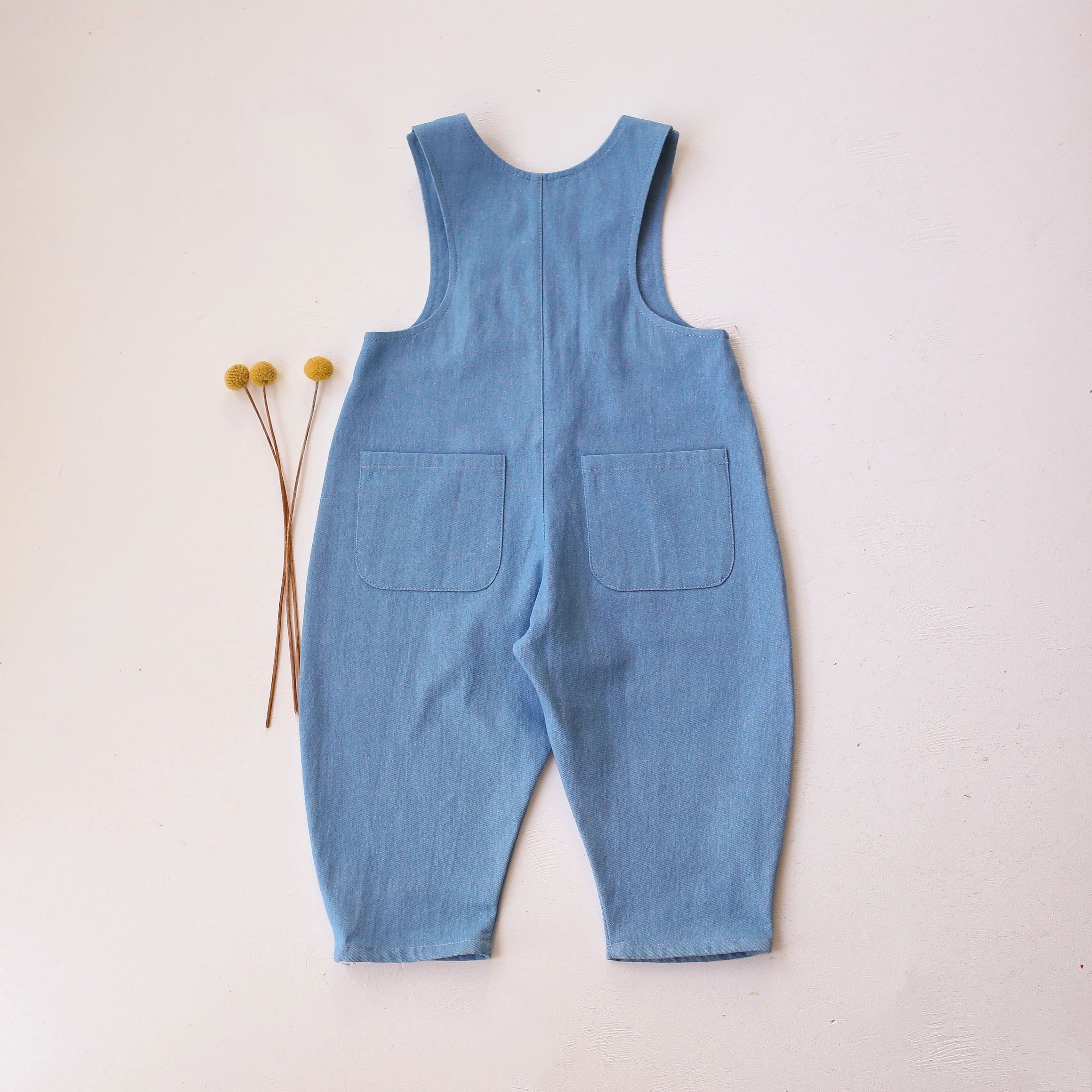 Light Blue Denim Oversized Look Overalls with "Lemon" Embroidery