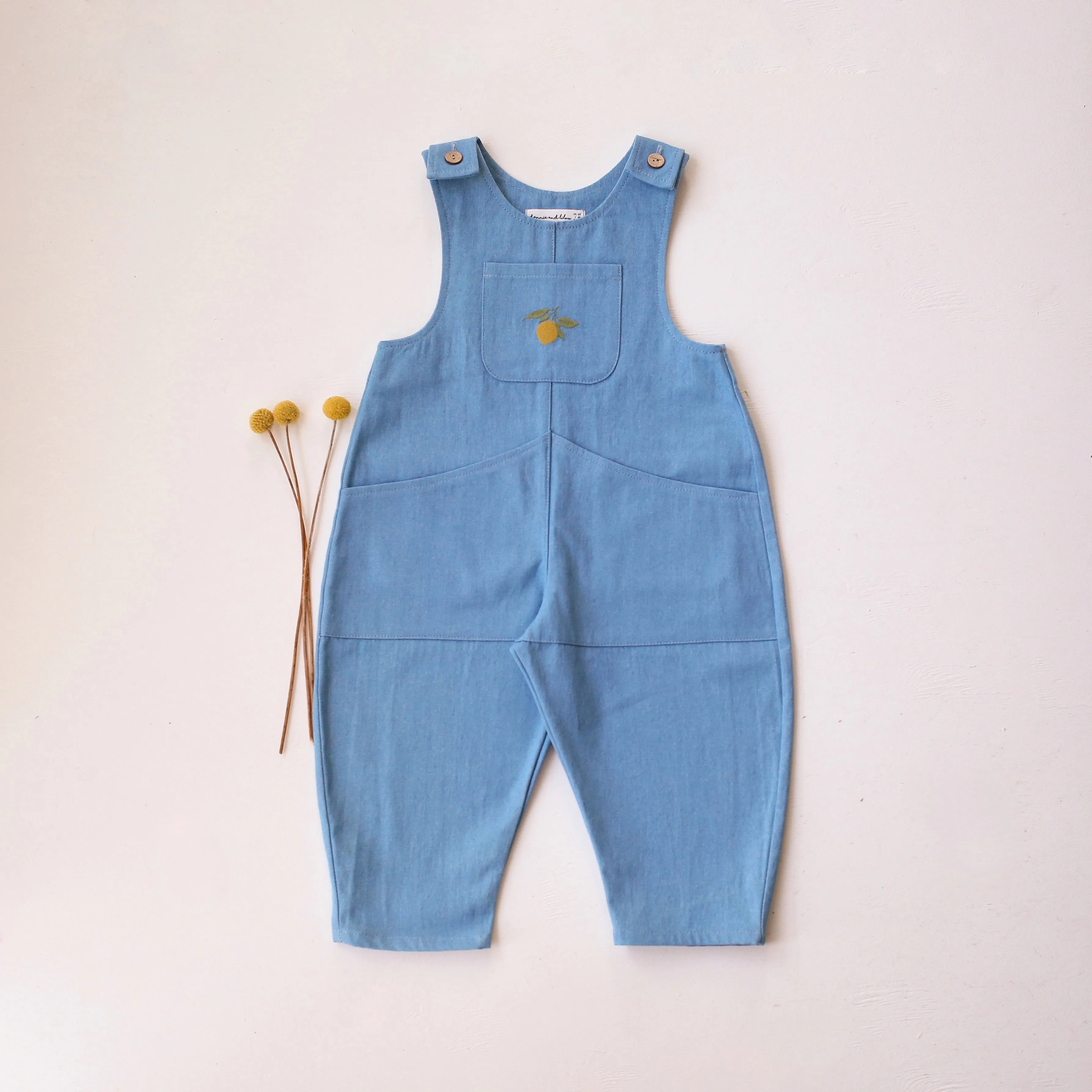 Light Blue Denim Oversized Look Overalls with "Lemon" Embroidery