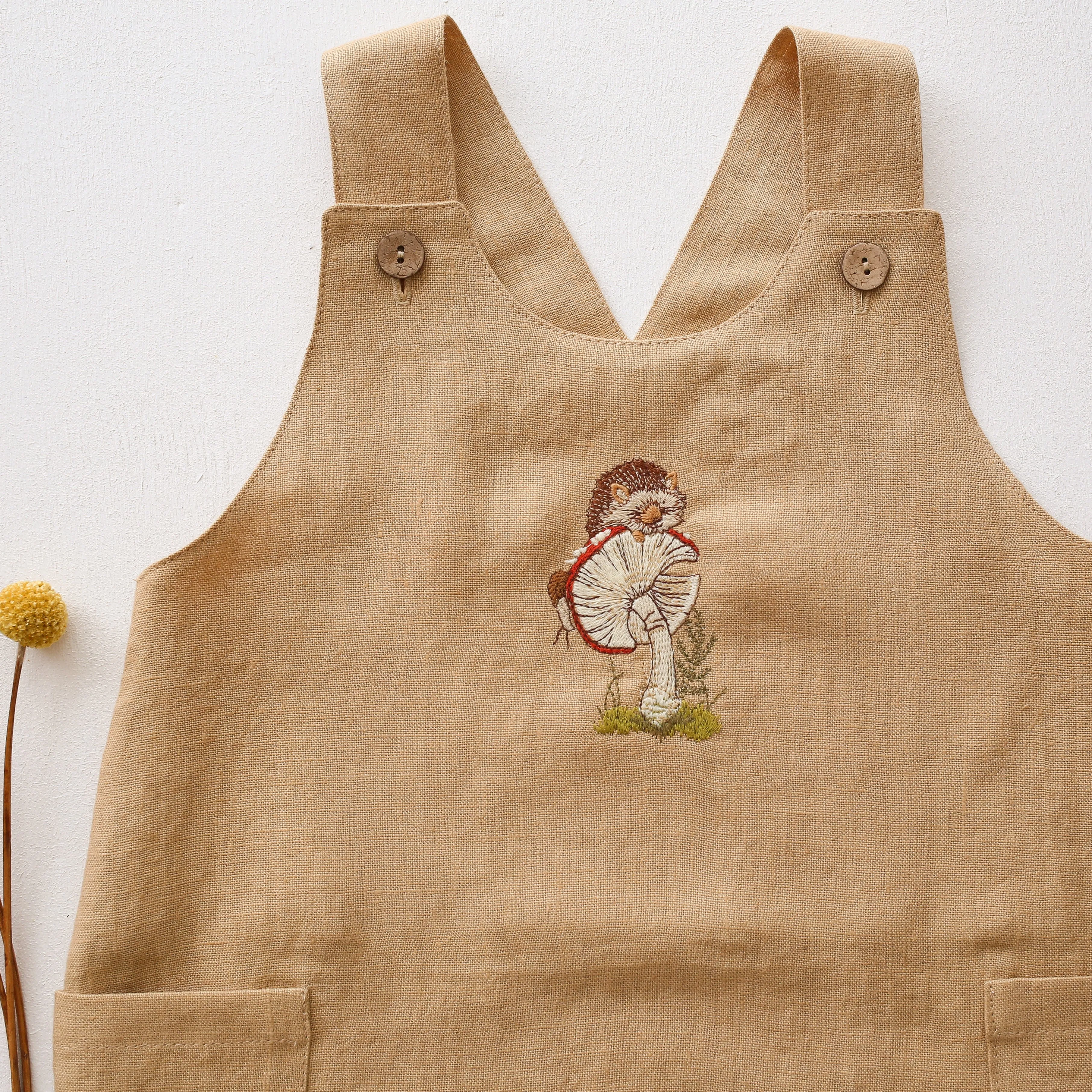 Melon Linen Button Front Jumpsuit with Hedgehog on Toadstool Embroidery