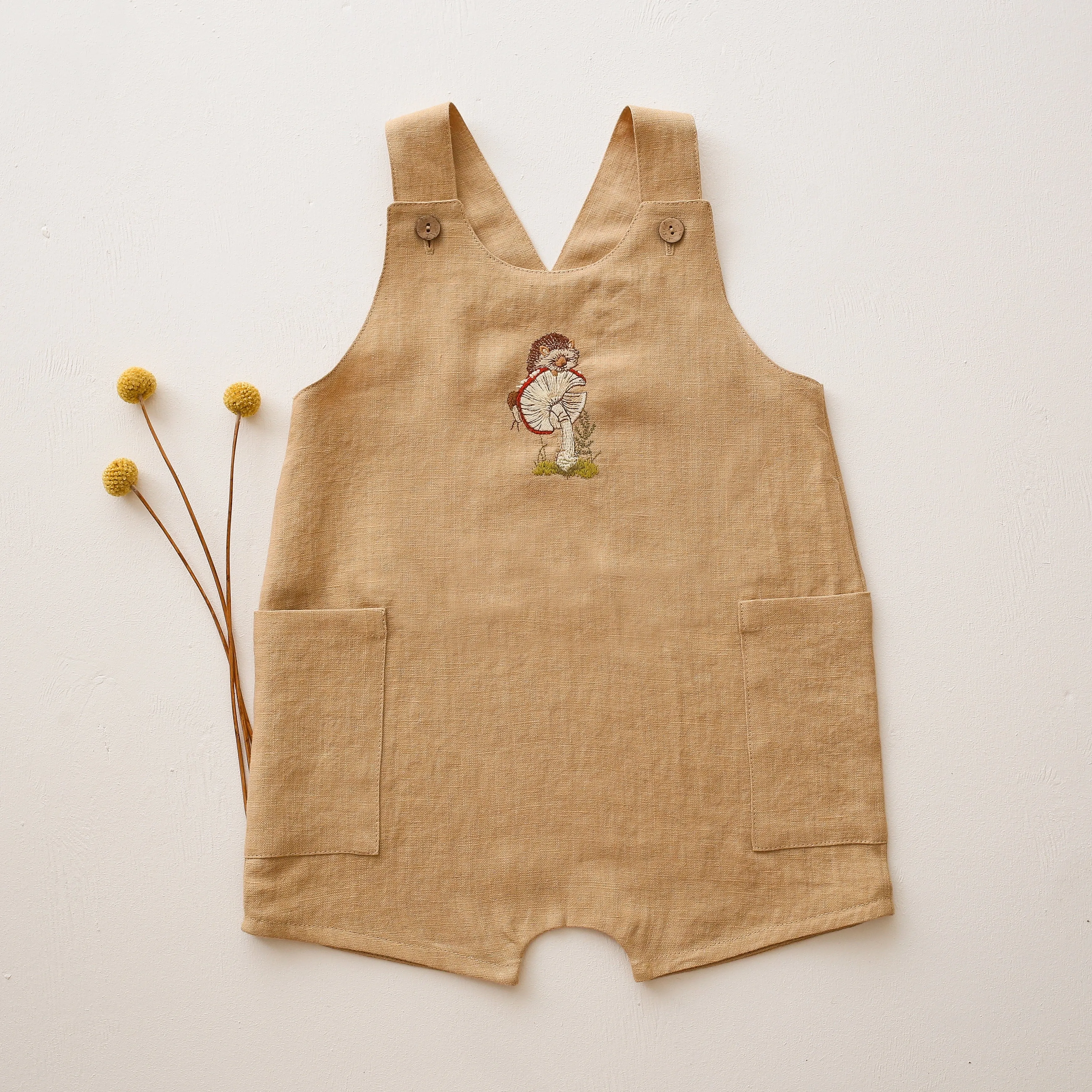 Melon Linen Button Front Jumpsuit with Hedgehog on Toadstool Embroidery