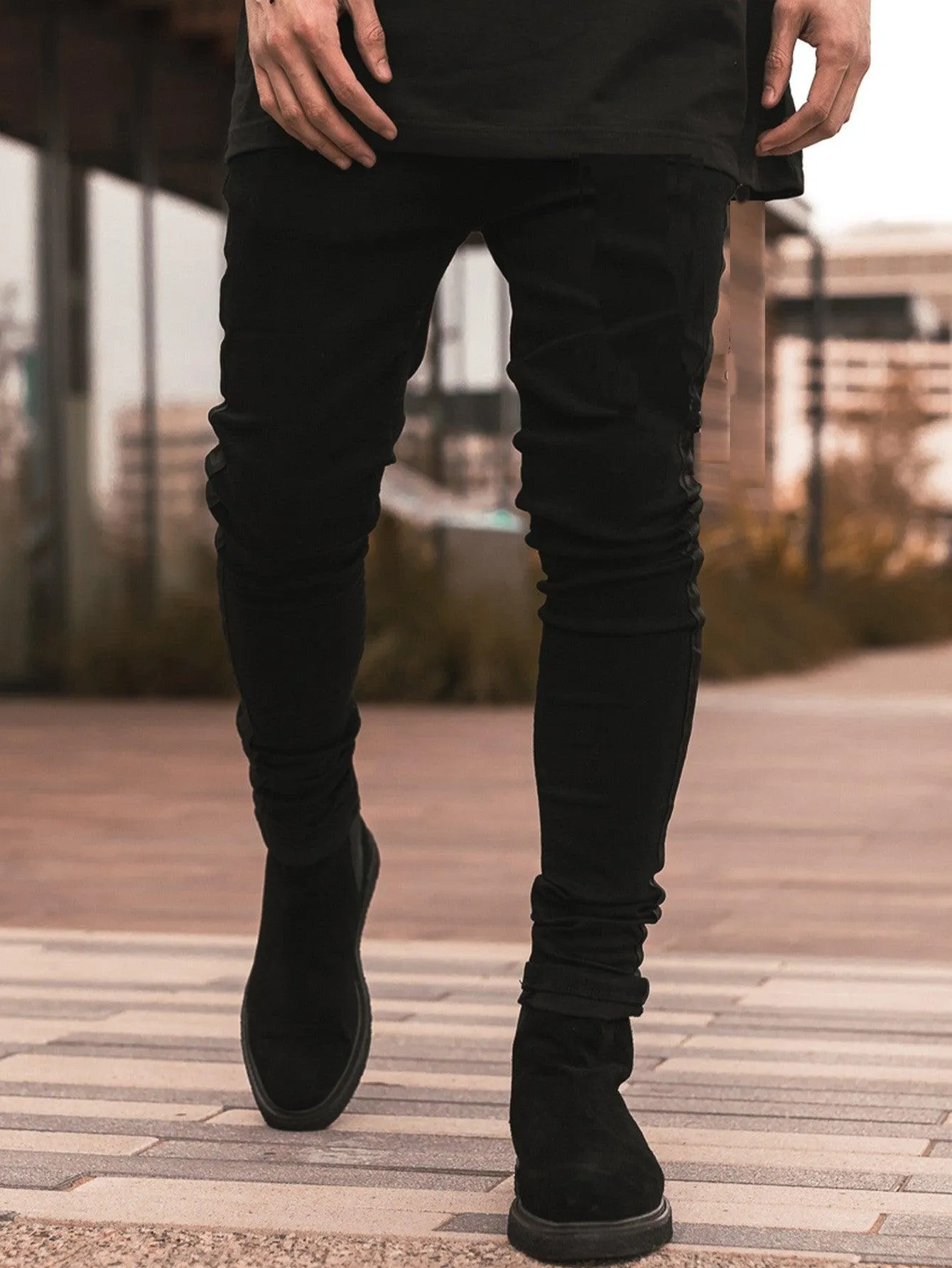 Men Fashion Mid Waist Jet Black Skinny Jeans